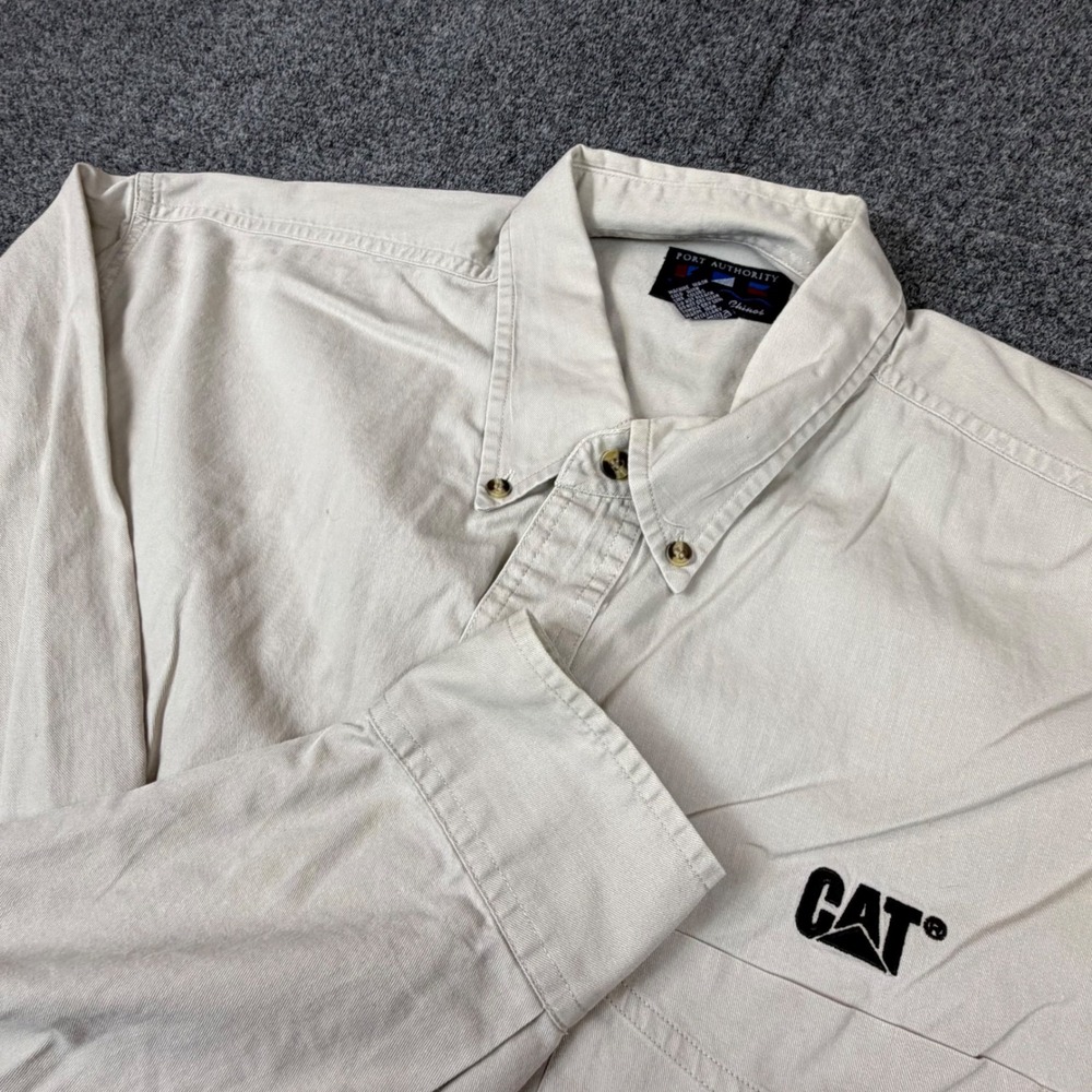 Port Authority CAT Caterpillar Mens XL Khaki Cotton Twill Button Down Shirt Long